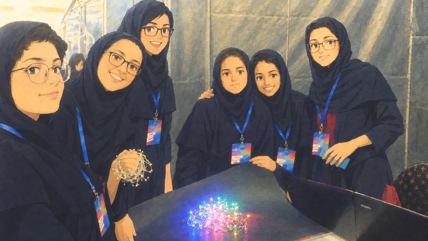 An illustration of six students in navy uniforms and hijabs around a table with a tangle of glowing lights.