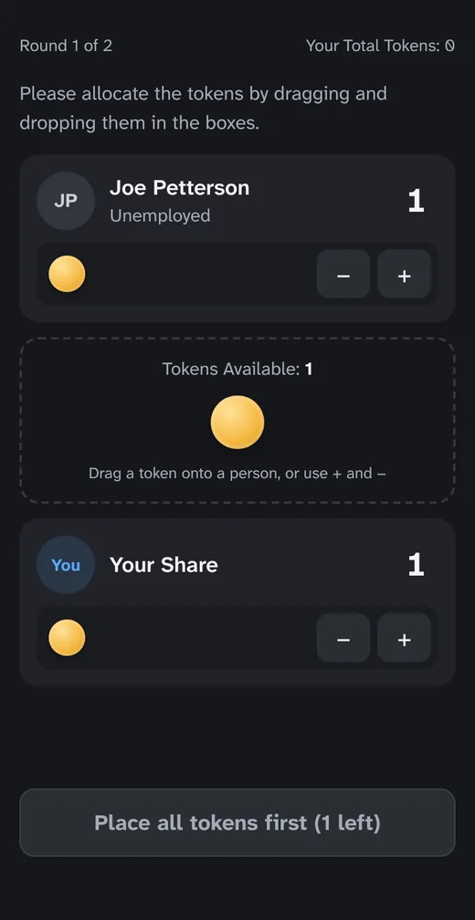 The ultimatum game in Lens: tokens being split between the participant and another player.